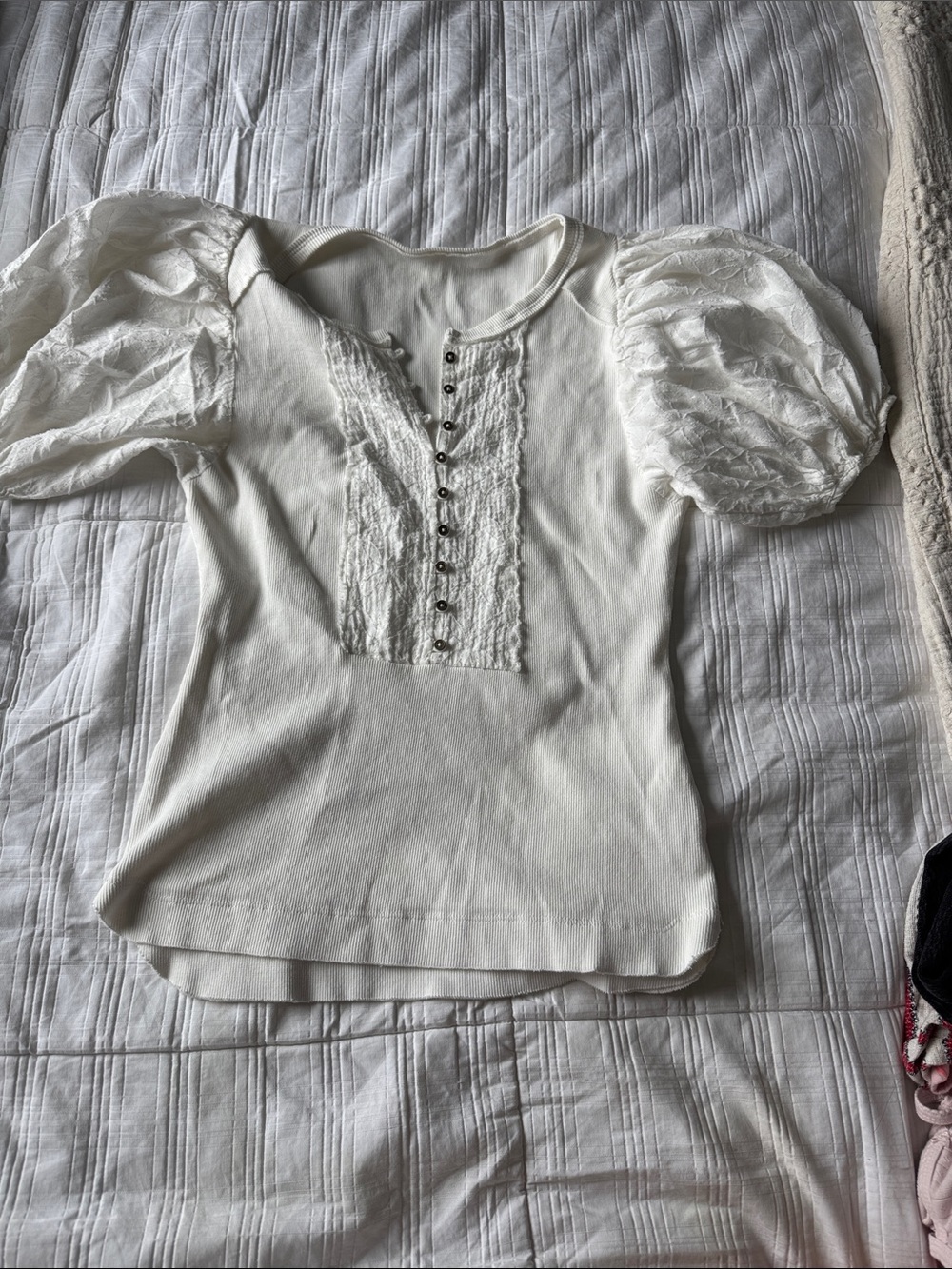 Pilcro Cream Puff Sleeve Lace-Front Top